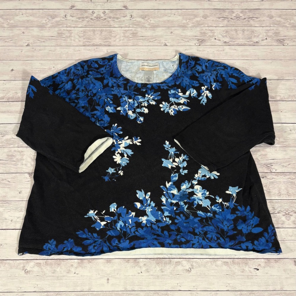 Alfred Dunner Woman 1X Knit Top Black Blue Floral Embellished Rhinestone Casual